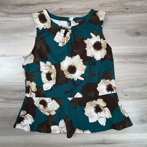 Banana Republic Peplum Top Womens Large Teal Floral Sleeveless Keyhole Neck